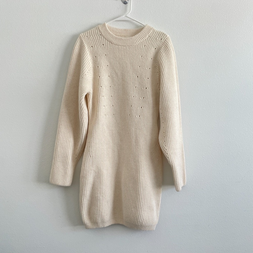 H&M  Sweater Dress Women M Beige Chunky Knit Mock‎ Neck Casual Minimalist Mini